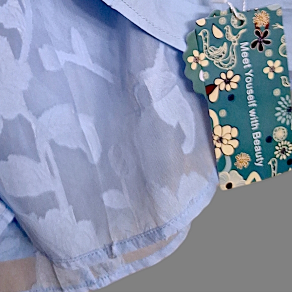 Womens blue top size Large sheer overlay short-sleeved blouse work - Picture 3 of 7